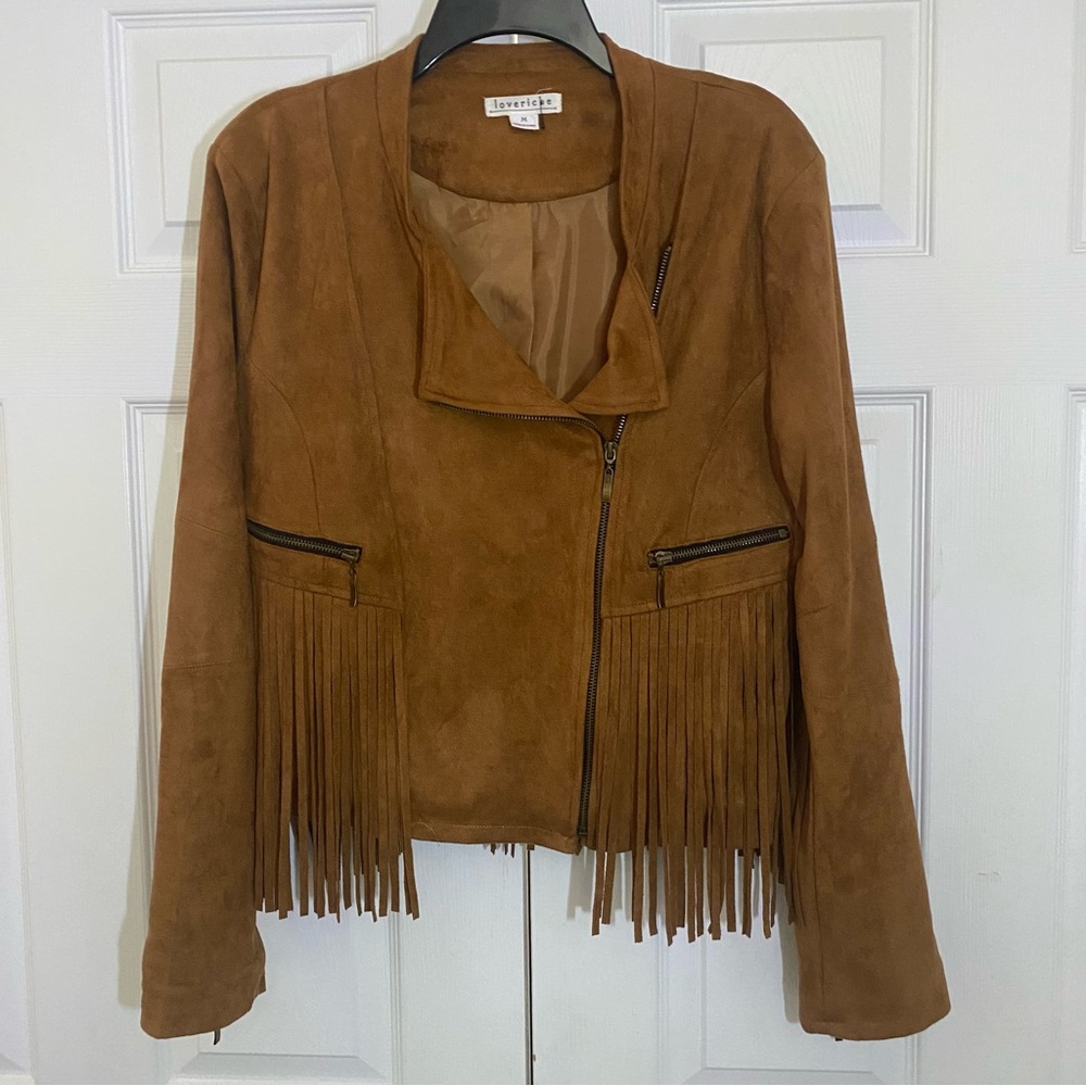 Loveriche Western Fringe Jacket Womens M Brown Faux Suede Asymmetrical Zip